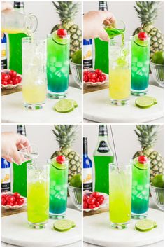 the process of making a pineapple and limeade punch recipe is shown in multiple pictures