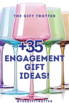 five wine glasses with the words, $ 50 engagement gift ideas