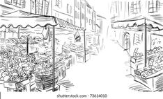 hand drawn sketch of an outdoor market with fruits and vegetables on the tables in front of it