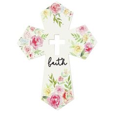 a wooden cross with flowers and the word faith on it