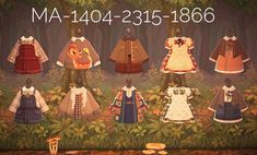 many different dresses are displayed in front of a forest backdrop with trees and leaves on it