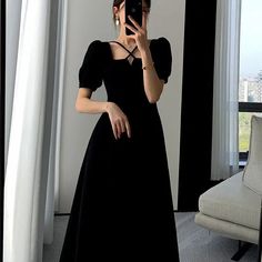 Vintage Dress Women Slim Summer Simple Square Collar Party Chic Sundress Korean Midi Daily OL Elegant Vestidos Pure Black Sales [20231225] [20231225][20231225] Black Square Neck Maxi Dress For Party, Black Maxi Dress For Evening, Black Solid Color Midi Dress For Party, Black Square Neck Maxi Dress For Evening, Formal Christmas Dress, Formal Dress Pants, Ripped Jeans Style, Ripped Jeans Women, Pure Black