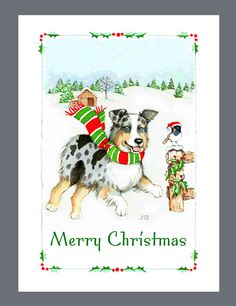 a christmas card with a dog wearing a scarf