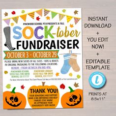 this is an image of a flyer for a sock - fiber fundraiser event with pumpkins and socks on it