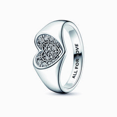 Channel the vibrant energy of love with our Radiant Heart Pavé Signet Ring. This ring features a concave, multidimensional heart design, accented with sparkling pavé and hand-finished in sterling silver. "ALL FOR LOVE" is engraved in the inside of the band as a sweet reminder of the power of two hearts joining together. All For Love, Pandora Rings, Rings Jewelry Fashion, Wedding Band Sets, Two Hearts, Diy Schmuck, Tiaras And Crowns, Types Of Rings, Silver Wedding