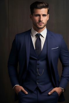 Men's Blue Three-Piece Suit | Wedding Suit For Men | Men's Suit | Suit Dark Blue Tuxedo For Men, Tuxedo For Men Navy Blue, Marine Blue Suit Men Wedding, Men's Wedding Suits Blue Navy, Dark Blue Three Piece Suit Men, Groom Style Navy Suit, Navy Blue 3 Piece Suit Men Wedding, Dark Blue Suit Men Wedding Groom, Dark Blue Tuxedo Wedding Groom