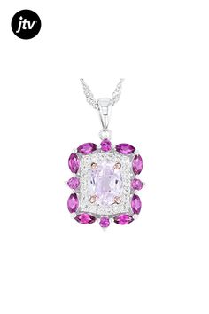 1.48ct Oval Kunzite, 0.68ctw Marquise And 0.17ctw Round Raspberry Rhodolite With 0.20ctw Round White Zircon Rhodium Over Sterling Silver Pendant With 18"Singapore Chain. Measures Approximately 0.91"L x 0.58"W. 3mm bail. Lobster clasp with 2"extender.  Accent stones primarily zircon. Oval Pink Sapphire Jewelry With Diamond Accents, Silver Jewelry With Pink Sapphire Accent Stones, Oval Pink Sapphire Jewelry In White Gold, Dazzling Cluster Gemstone Jewelry, Oval Pink Sapphire White Gold Jewelry, Dazzling Oval Pink Sapphire Jewelry, Dazzling Oval Cubic Zirconia Gemstones, Diamond Cluster Jewelry With Gemstone, Pink Cluster Jewelry With Center Stone