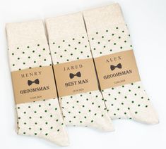 Cream and green polka dot socks are perfect gift for your wedding party. Goes really well with boho weddings or winter weddings. An elegant and amazing touch that completes the look of your wedding party, either your colors are sage, hunter green, emerald green, forest green these socks will go perfectly well with theme. With our personalized socks labels discover the fun way to propose your best man and groomsmen in style or simply make an elegant presentation as groomsmen gift. These socks and Groom Socks, Junior Groomsmen, Groomsmen Socks, Elegant Presentation, Ways To Propose, Polka Dot Socks, Wedding Socks, Floral Necktie, Personalized Socks