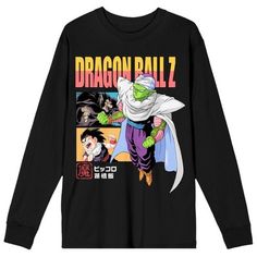 Turn your style super saiyan with this Dragon Ball Z tee. The shirt features an image of Piccolo floating in front of other characters while yellow and red letters spell out the series title. The tee comes in a black long sleeve crew neck. Dragon Ball Z fans will love this comfy and cozy shirt. Pop Culture Anime Print Crew Neck Tops, Casual Long Sleeve Tops For Cosplay, Long Sleeve Cotton Top For Cosplay, Fandom Crew Neck Top For Streetwear, Fandom Streetwear Crew Neck Top, Long Sleeve T-shirt With Character Print In Relaxed Fit, Relaxed Fit Long Sleeve T-shirt With Character Print, Cotton Tops With Letter Print For Cosplay, Black Long Sleeve Pop Culture Top