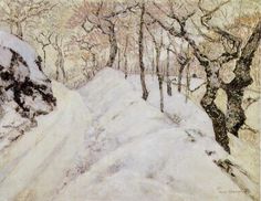 a painting of snow covered trees on a hill