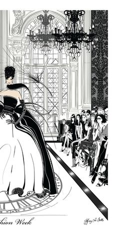 a black and white drawing of a woman in a ball gown