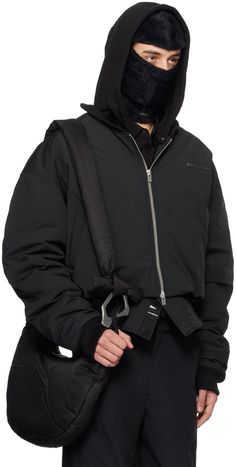 Polyester taffeta bomber jacket. · Detachable hood · Rib knit stand collar, hem, and cuffs · Two-way zip closure · Logo plaque at chest · Welt pockets · Velcro panel at hem Supplier color: Black