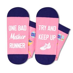 FUNNY RUNNING SOCKS: These pink running socks feature running shoes, sports clothes, a sports watch, water bottles, a stopwatch, and a baseball cap. The phrase "ONE BAD MOTHER RUNNER TRY AND KEEP UP" is also featured on the soles of the socks. EXTENSIVE COVERAGE: Fits a vast range, covering women's shoe sizes 6-12 and sock sizes 8-13. Each exclusive gift box contains one pair of funny socks. DELUXE COMFORT: This premium cotton blend offers a soft, stretchable embrace for most calves. GREAT GIFTS Bad Mother, Funny Running, Mother Runner, Sports Clothes, Running Humor, Running Gifts, Gifts For Runners, Women Running, Running Socks