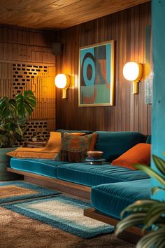 a living room filled with blue couches next to a wooden wall and potted plants