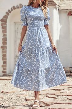 Summer Ruffle Bohemian Tiered Smocked Maxi Dress PRETTYGARDEN Casual Polka Dot Ruched Dress, Casual Ruched Polka Dot Dress, Light Blue Smocked Dress With Short Sleeves For Summer, Light Blue Short Sleeve Smocked Dress For Summer, Casual Polka Dot Dress With Smocked Back, Casual Dress With Polka Dot Pattern And Smocked Back, Casual Blue Puff Sleeve Maxi Dress, Casual Blue Maxi Dress With Puff Sleeves, Casual Polka Dot Dress With Smocked Bodice