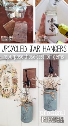 the instructions for making upcycled jar hangers are shown in three different ways