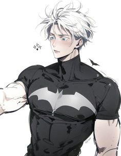 an anime character with white hair wearing a black shirt and grey pants, holding his arm out