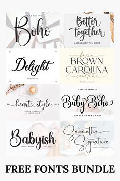 different font styles with the words below them in black, white and gold colors on top of