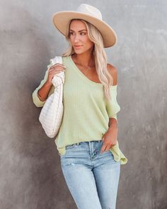 Best Seller Relaxed Fit 64% Polyester. 32% Cotton and 4% Spandex Hand Wash Cold. Dry Flat Rounded V-Neckline Sleeves Rounded Hemline Knit Fabrication No Closures Not Lined //Best Seller// New Color// The Between Us Thermal Knit Top is a fan fave for the season in its comfy lime green hue fit with a rounded v-neckline and long sleeves.Styled with: Rocky Mountain Hat. Gabi Hoops. Chloe Mini Necklace. Mosaic Coin Necklace. Simple Bangle. Harper Handbag. Jeanne Denim. and Shirley Mule.---SIZE A... Trendy Green V-neck Sweater For Spring, Soft Knit V-neck Sweater For Spring, Casual Green V-neck Knit Top, Green V-neck Soft Knit Top, Green Soft Knit V-neck Top, Green V-neck Knit Top For Fall, Spring V-neck Waffle Knit Top, Summer Green V-neck Sweater, Ribbed V-neck Knit Top For Day Out