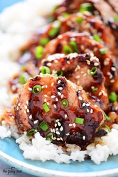 chicken with sesame seeds and green onions on top of white rice in a blue plate