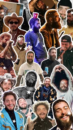 a collage of people with beards, hats and other things in the background