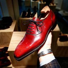 Handmade Genuine Red Oxford Lace up Dress Shoes on Storenvy Business Leather Lace-up Shoes With Red Sole, Red Leather Formal Oxfords, Red Lace-up Leather Shoes For Derby, Luxury Men's Lace-up Shoes With Red Sole, Red Brogue Lace-up Oxfords, Quality Leather Boots, Custom Design Shoes, Bespoke Shoes, Mens Casual Outfits