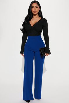 Available In Royal. Petite: 32" Inseam High Rise Pintuck Front Hidden Back Zipper Stretch 95% Polyester 5% Spandex Imported | Petite Victoria High Waisted Dress Pants in Royal size Small by Fashion Nova Black And Blue Outfit Women, Royal Blue Tshirt Women Outfit, Outfits With Royal Blue Pants, Royal Blue Dress Pants Outfit, Black And Royal Blue Outfit, Royal Blue Outfit Ideas Black Women, Royal Blue And Black Outfit, Blue Trouser Outfit Women, Royal Blue Pants Outfit Work