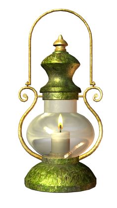 a green and white lantern with a lit candle in the middle on a white background