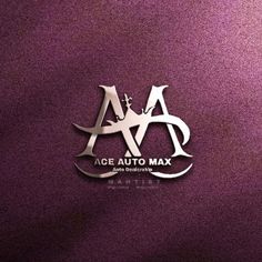 the logo for ace auto max is shown on a purple background with silver letters and an arrow