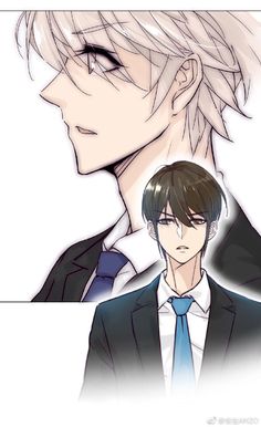 two anime characters one is wearing a suit and the other has a tie on his neck