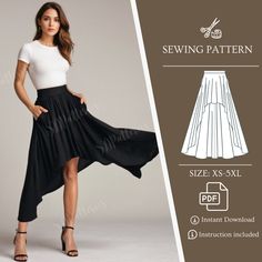 a woman wearing a skirt and white shirt with the sewing pattern on it is shown