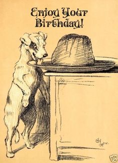 a drawing of a dog looking at a hat on a table