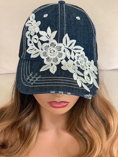 This beauty is a mix of different textures. A distressed Blue Jean trucker hat, and vintage embroidered lace. Distressed around the brim, and velcro closure in back for that perfect fit. Great for everyday wear, makes a unique gift.  80% Cotton/20% Polyester 3 inches Curved bill for a comfortable fit and great sun protection With Adjustable Velcro Back, It is Very Easy to Accommodate Any Hat Sizes 6 Panel Cap W/ 4 mesh panels back Crown measures 4 inches deep Authentic distressed detailing Care instructions- Spot clean only Bone Bordado, Pretty Hats, Luxury Hats, Painted Hats, Hat Decoration, Denim Projects, 6 Panel Cap, Unique Purses, Hat Ideas