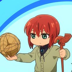 an anime character holding a wooden object in one hand and a stick in the other