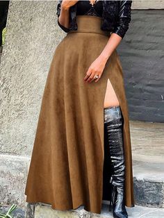 Women's Solid Color High Waist Side Split Skirt Brown Casual   Polyester Plain Slit Non-Stretch  Women Clothing, size features are:Bust: ,Length: ,Sleeve Length: Fitted High Waist Brown Maxi Skirt, High-waist Fitted Brown Pleated Skirt, Chic Brown Full-length Skirt, Non-stretch Brown Long Skirt, Brown Fitted A-line Maxi Skirt, Side Split Skirt, Skirt Casual, Split Skirt, Plain Color