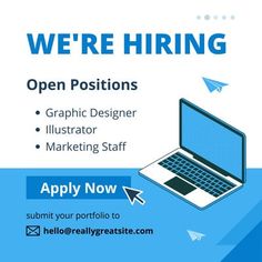 an advertisement for a website with a laptop and paper airplane in the background that says, we're hiring open positions graphic designer illustration marketing staff apply now