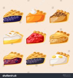 nine different types of pies on a beige background, each with one slice missing