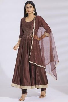 Shop for Bohame Brown Embellished Chanderi Silk Anarkali Set for Women Online at Aza Fashions Sheer Dupatta, Silk Anarkali, Zardozi Embroidery, Sequin Embellishment, Embellished Neckline, Churidar, Set For Women, Anarkali, Aza Fashion