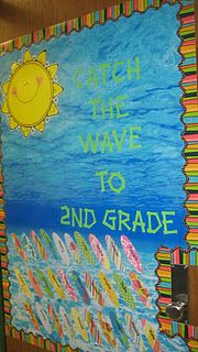 a bulletin board with the words catch the wave to 2nd grade written in bright colors