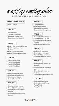 the wedding seating plan is shown in black and white