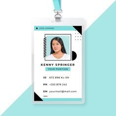 an id card with a woman's face on the front and blue ribbon around it