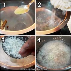 four pictures showing how to cook rice in a wok