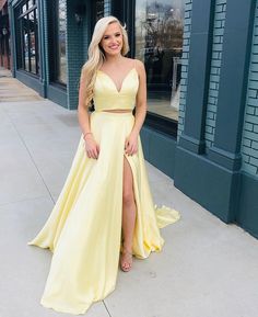 Simple Prom Dress,Two Pieces Prom Dress,Yellow Prom Dress,Satin Prom Dress,V-Neck Homecoming Dress,Evening Dress Yellow Satin Prom Dress, Grade Dresses, Prom Dress Two Piece, Yellow Prom, Satin Prom Dresses, Prom 2020, Yellow Satin, Prom Dresses Two Piece, Long Prom Dresses