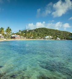 the water is crystal clear and blue in this tropical beach scene with palm trees on the shore