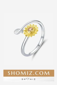 Sterling Silver Sunflower Ring Elegant Adjustable Sunflower Jewelry, Elegant Adjustable Sunflower Design Jewelry, Sunflower Design Jewelry For Anniversary, Sunflower Design Flower Jewelry For Anniversary, Elegant Round Sunflower Design Jewelry, Elegant Round Sunflower Jewelry, Elegant Round Jewelry With Sunflower Design, Summer Sunflower Design Jewelry, Sunflower Design Rings As Gifts