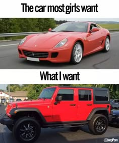 two cars that are red and black with the caption, what i want?