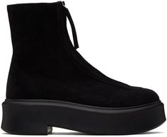 The Row: Black Zipped I Boots | SSENSE The Row Boots, The Row Mesh Shoes, The Row Ginza Sandal, The Row Zipped Boots, The Row Winter 2022, Suede Boots, Black Shoes, The Row, Ankle Boots