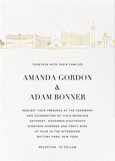 the front and back of this wedding card is shown in white with gold foil on it