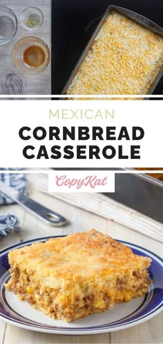 mexican cornbread casserole on a blue and white plate with text overlay