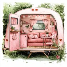 an illustration of a pink camper trailer with curtains and pillows on the inside is shown